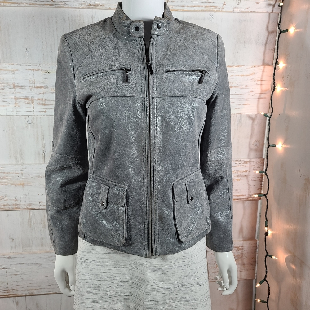 Alfani croppe leather  jacket metallic gray  S @38